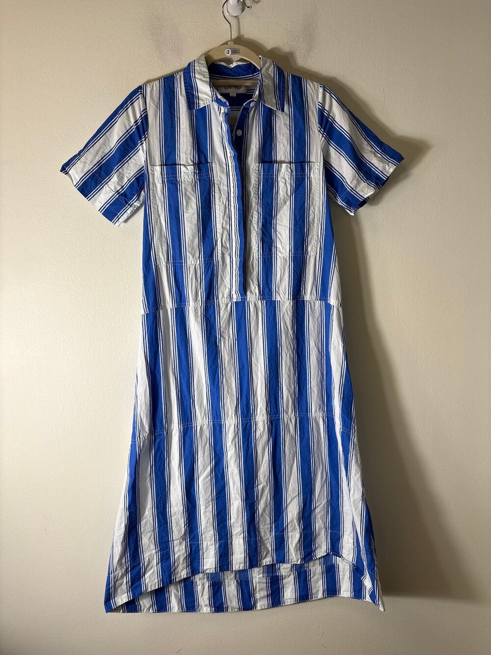 LIVRO Blue WHITE Stripe Cotton Short Sleeve button Up Maxi Dress Sz XS